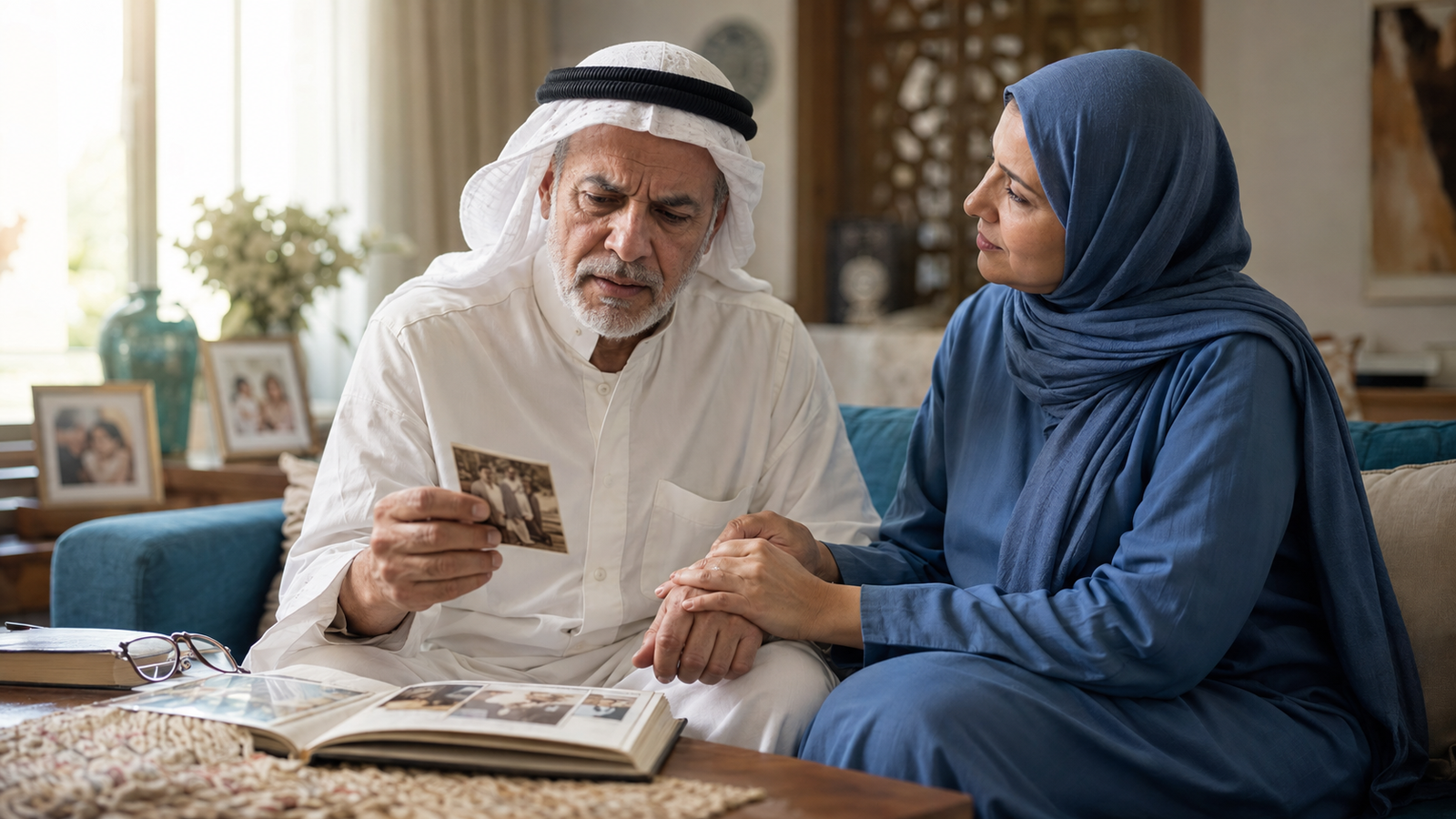 رجل مسن يعاني من ألزهايمر يتأمل صورة عائلية بمساندة ابنته